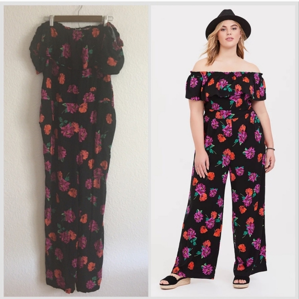 Torrid Black Floral Off The Shoulder Challis Wide Leg Jumpsuit 3